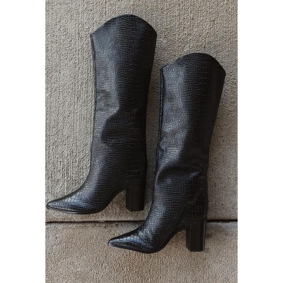 SCHUTZ Women's Analeah Black Croc Boot Size 8B - Picture 2 of 10